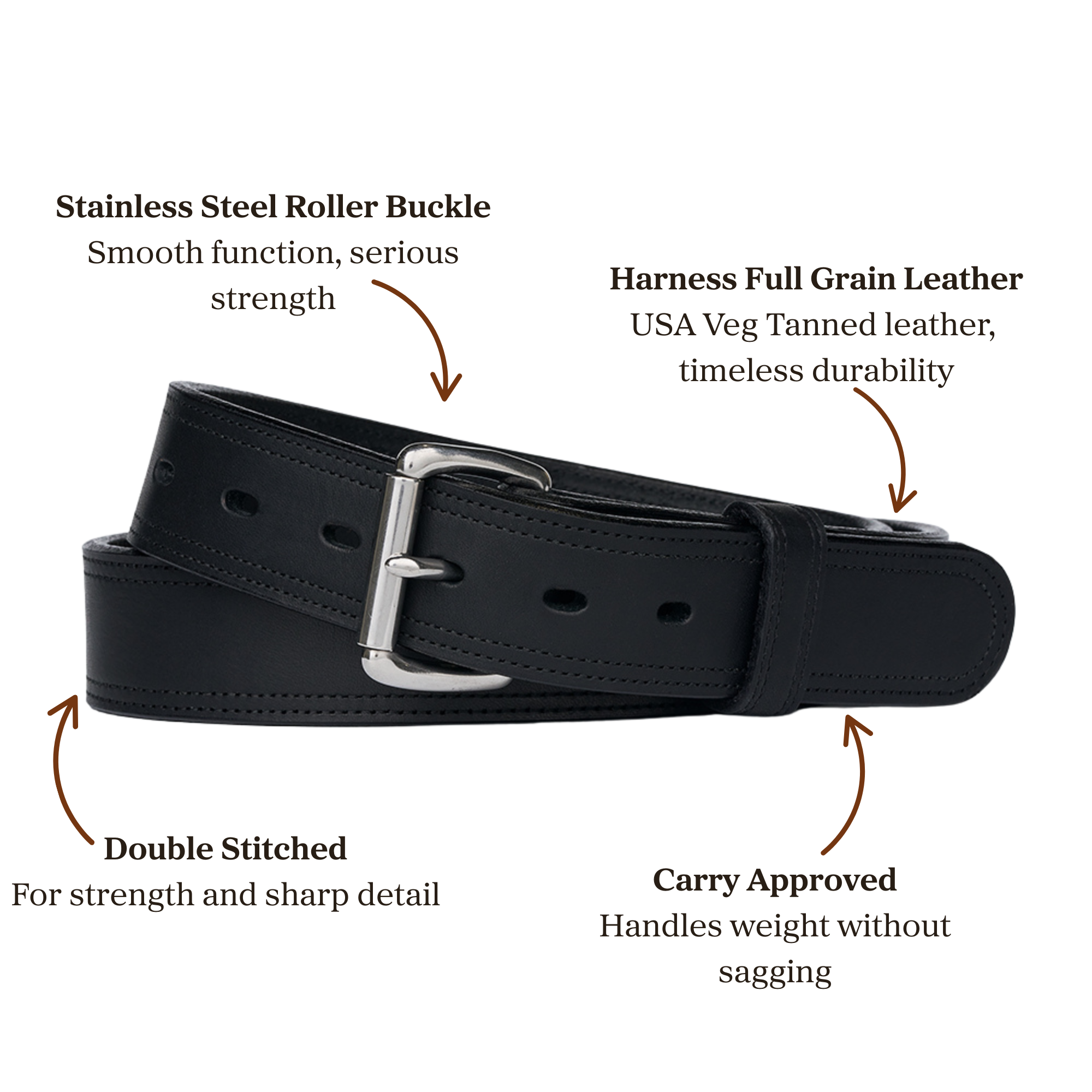 Black full grain leather belt with stainless steel roller accompanied with double stitching , designed for carry use
