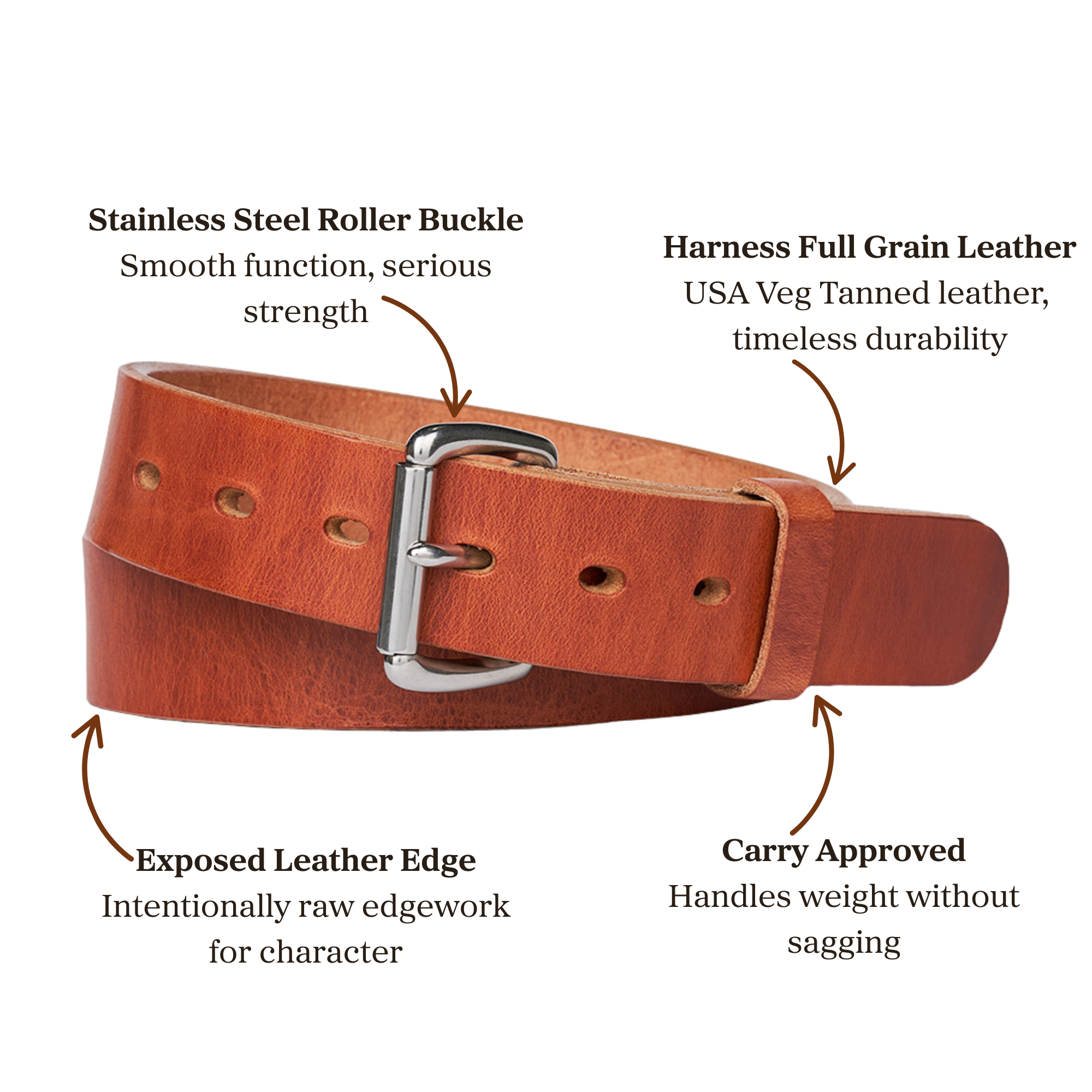 Brown full grain leather belt with stainless steel roller buckle, designed for carry use