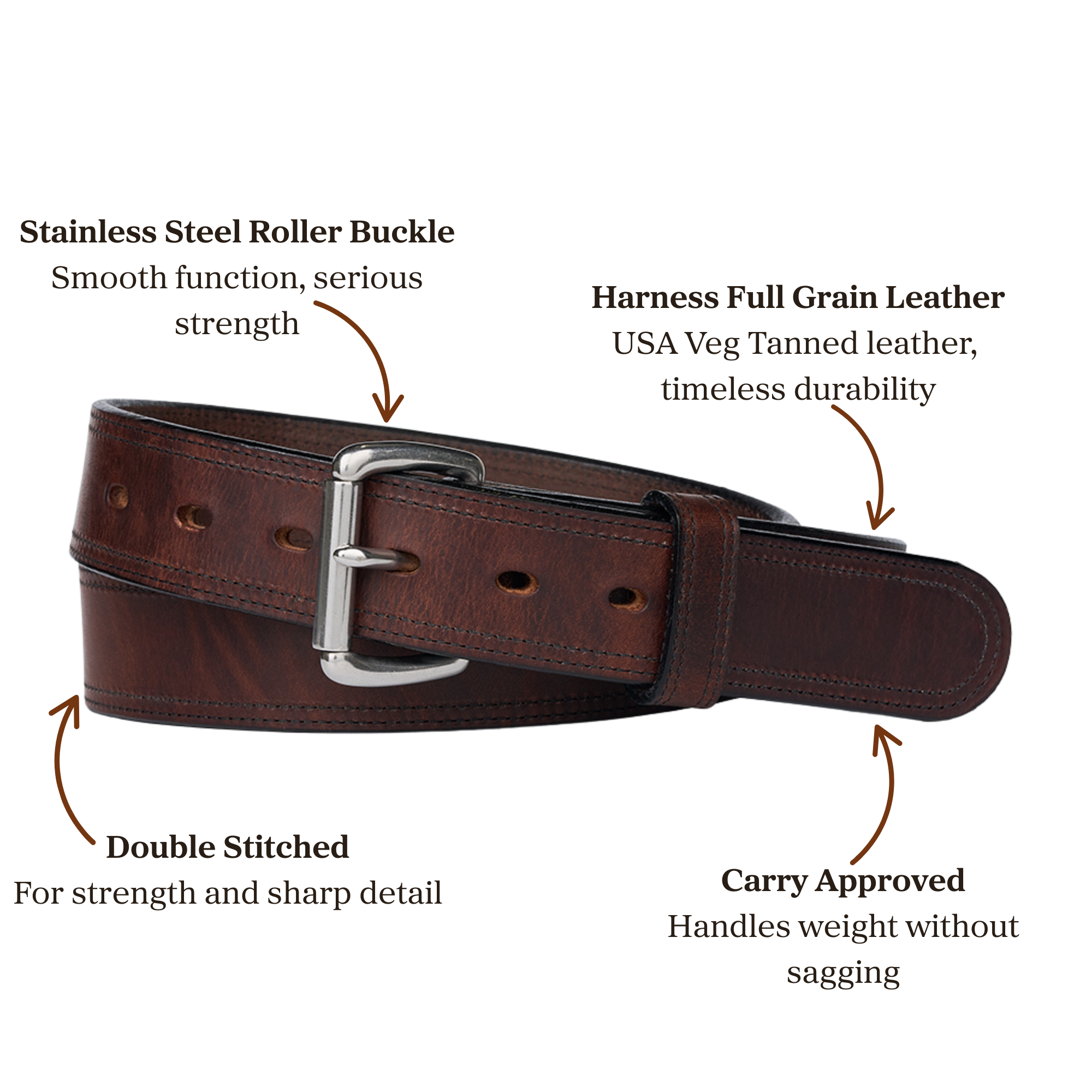 Brown full grain leather belt with stainless steel roller buckle accompanied with double stitching, designed for carry use