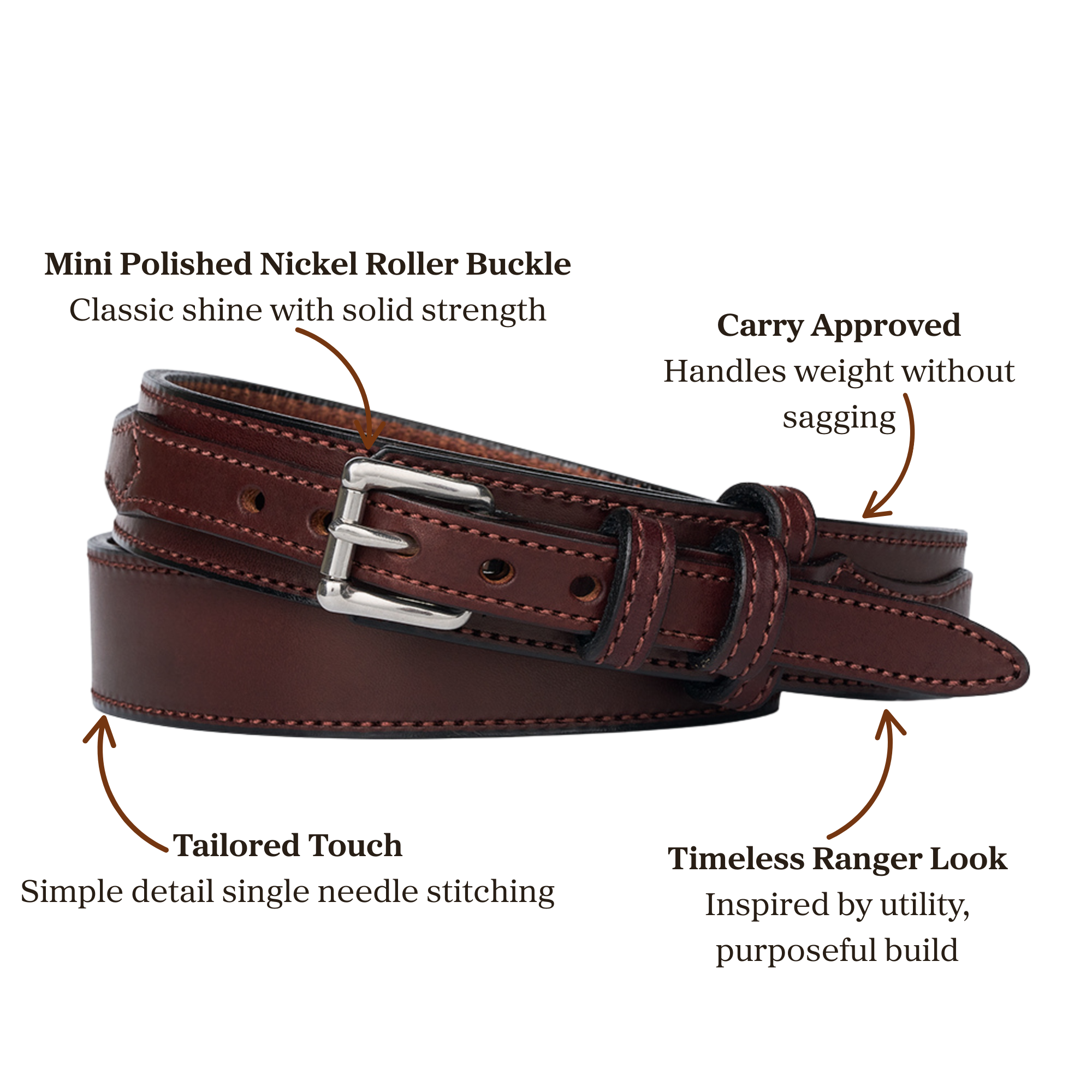 Brown leather belt with nickel roller buckle, designed for carry use
