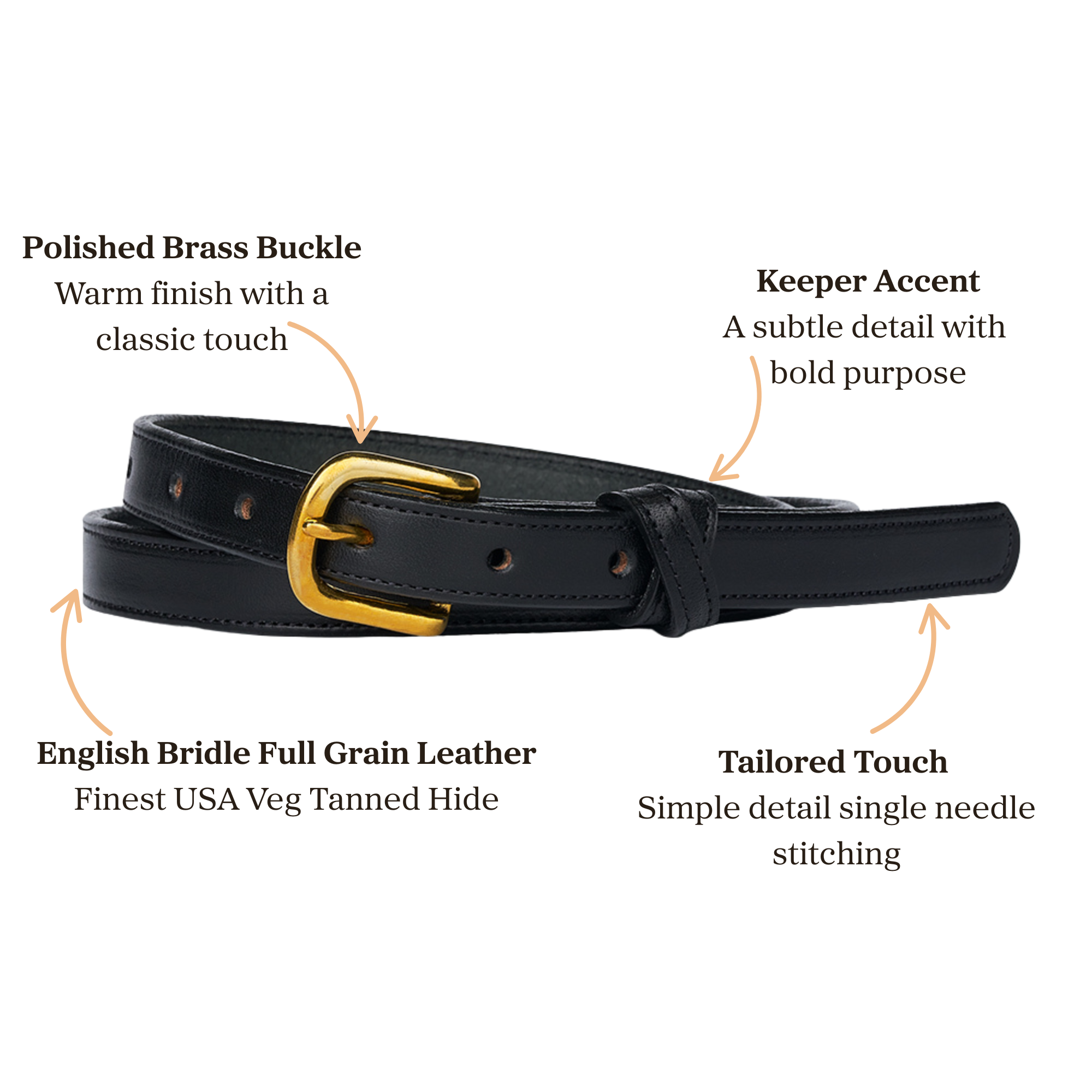 A black leather belt with a polished brass buckle, labeled to highlight its features: polished brass buckle, keeper accent, English bridle full-grain leather, and tailored single needle stitching.