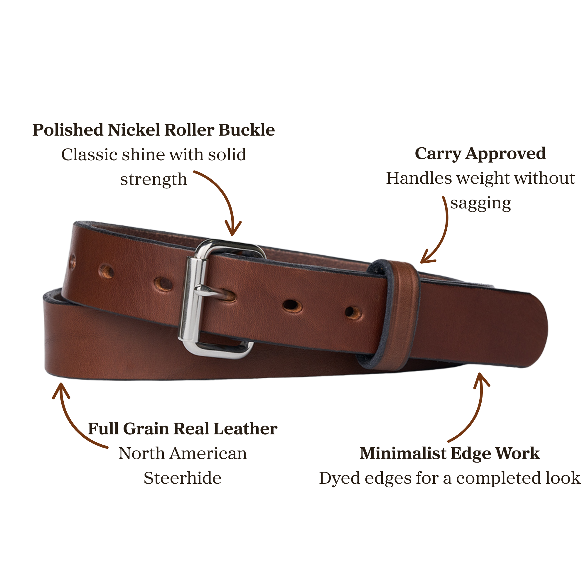 Brown full grain leather belt with polished nickel roller, designed for carry purposes