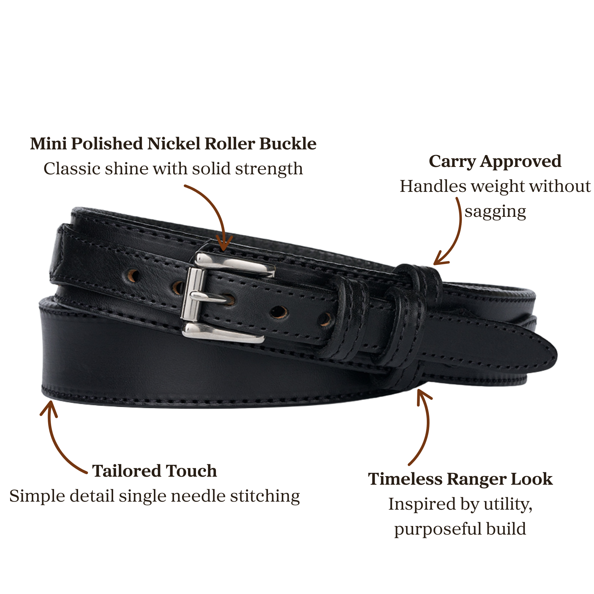 Black leather belt with polished nickel roller buckle accompanied by a single needle stitching, designed for carry use