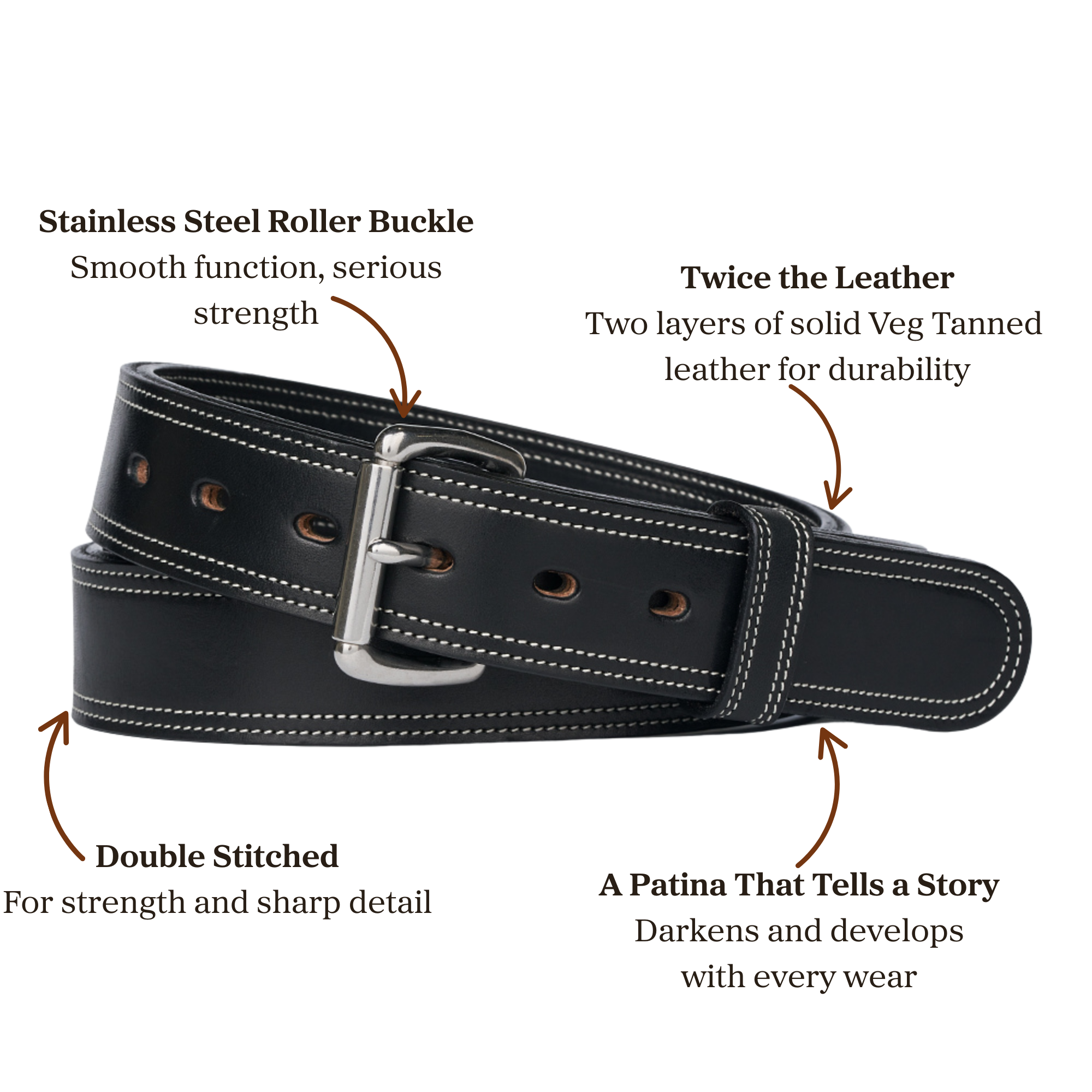 Double layer black full grain leather belt with stainless steel roller buckle accompanied with double stitching