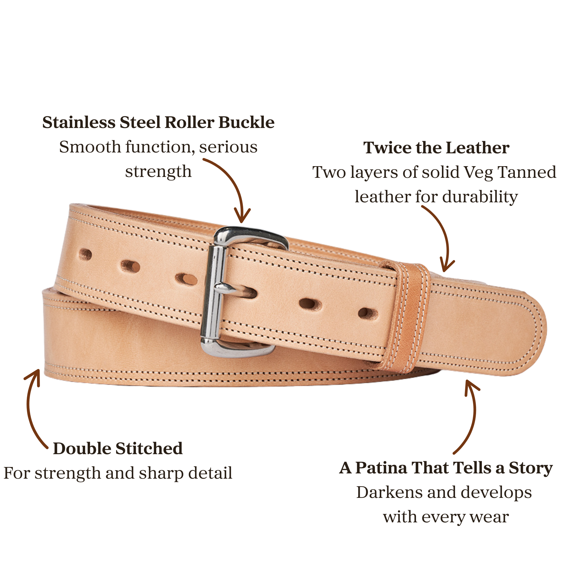 Double layer beige leather belt with stainless steel roller buckle accompanied with double stitching