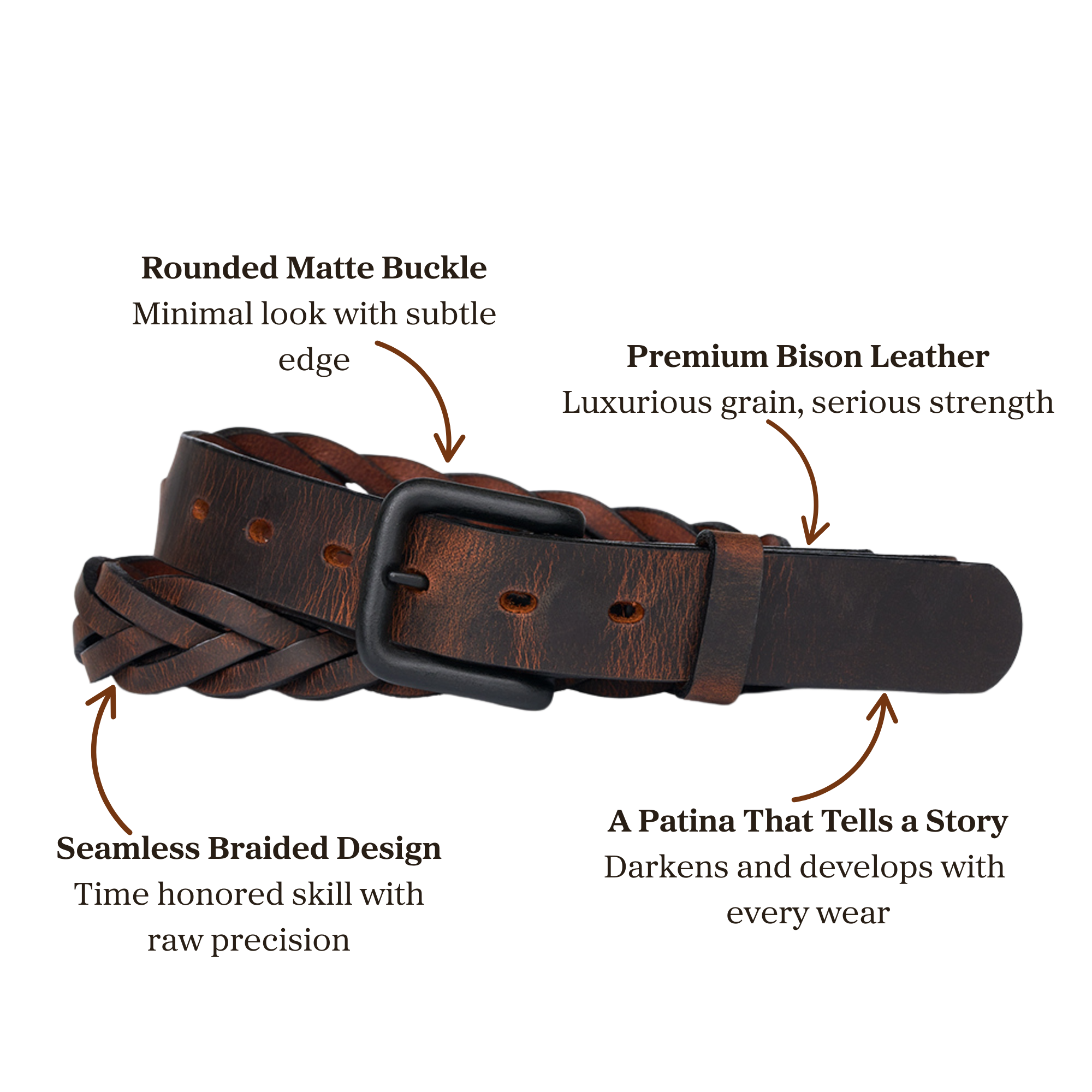 Premium brown bison leather seamless braided belt with matte buckle
