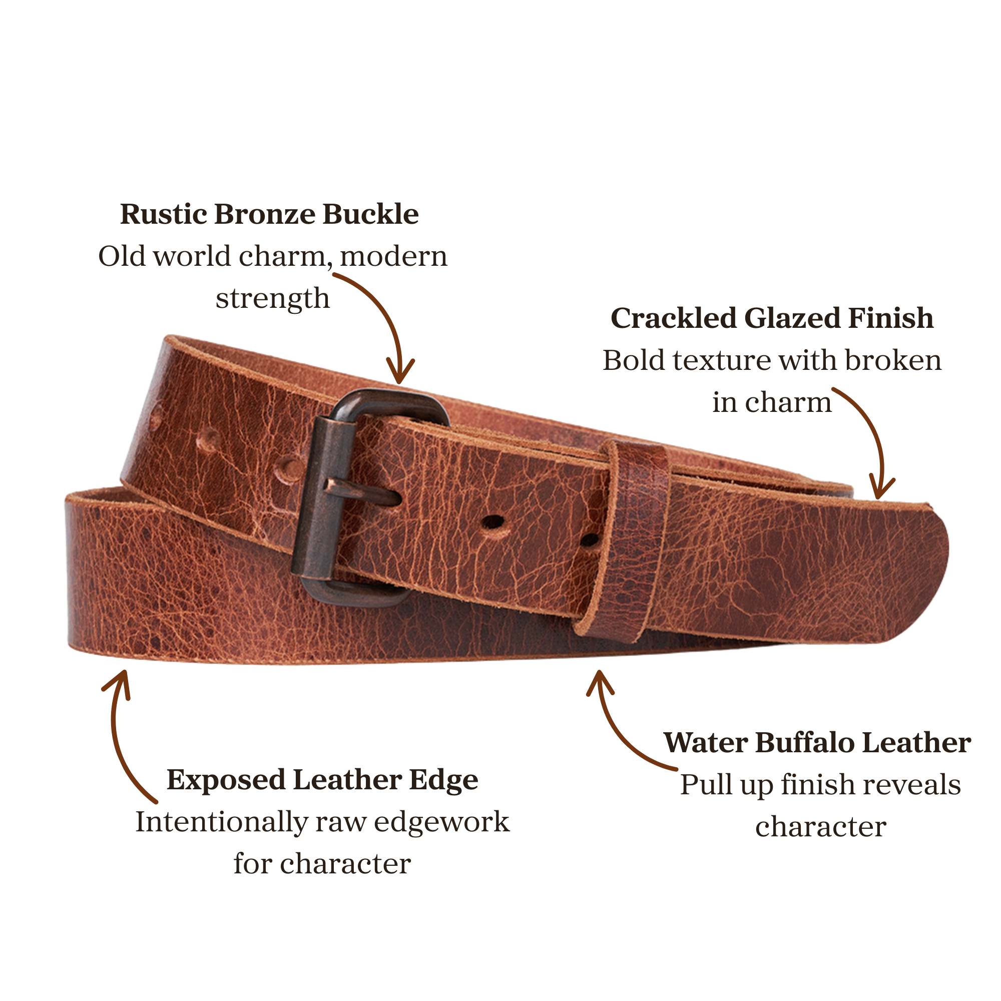 Brown water buffalo leather belt with a cracked glazed finish accompanied with a rustic bronze buckle