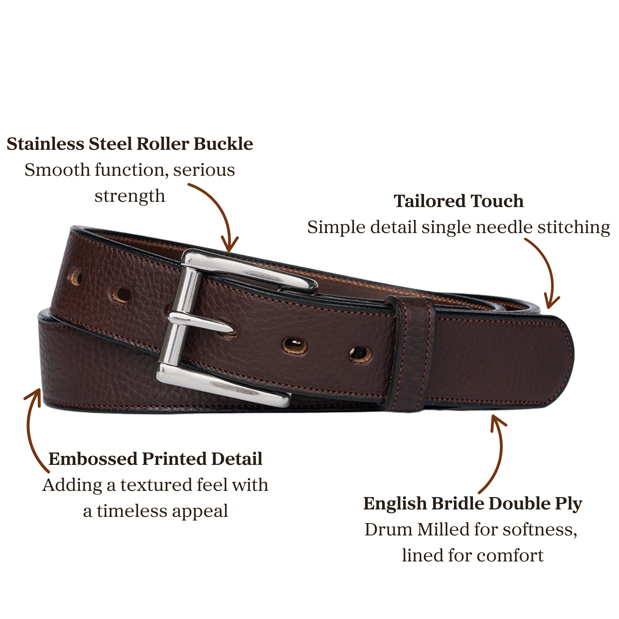 English bridle double ply embossed brown leather belt with stainless steel roller buckle accompanied with single needle stitching