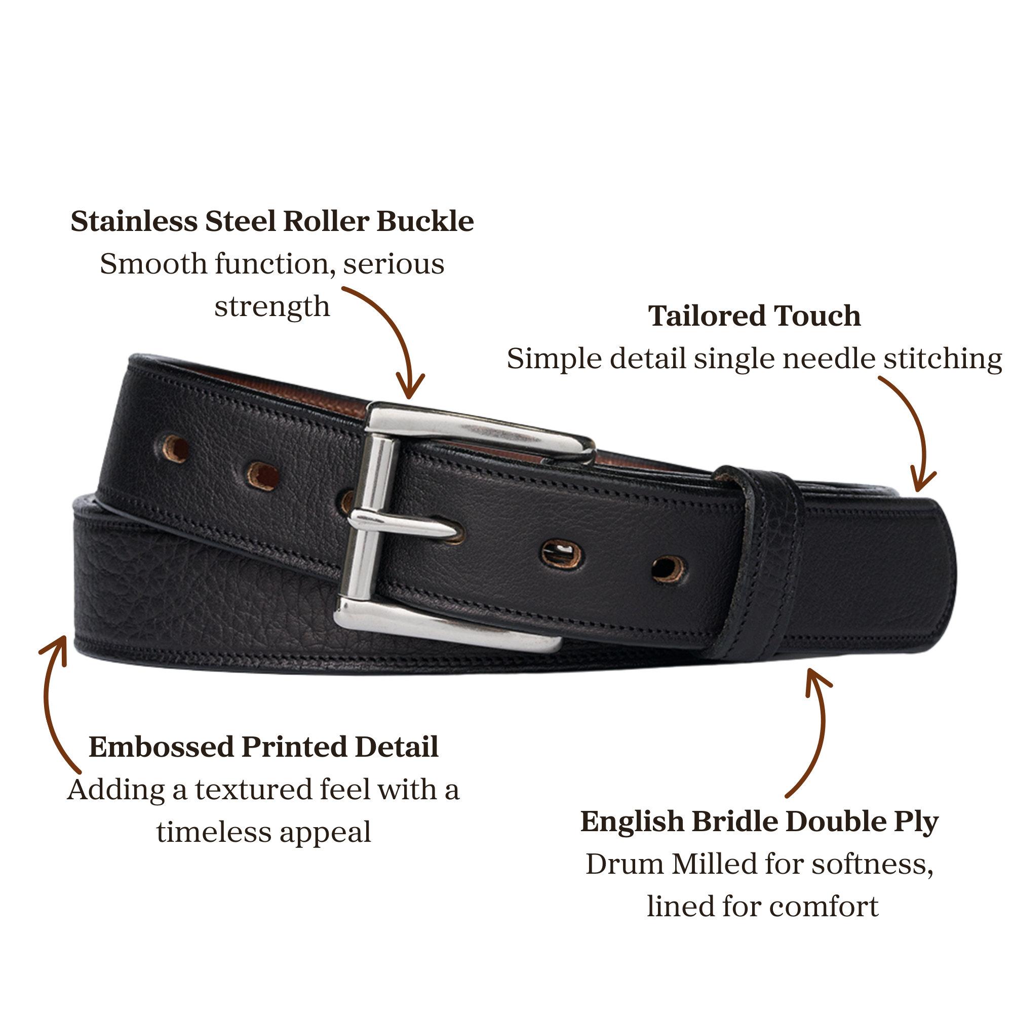 English bridle double ply black  embossed belt with stainless steel roller buckle