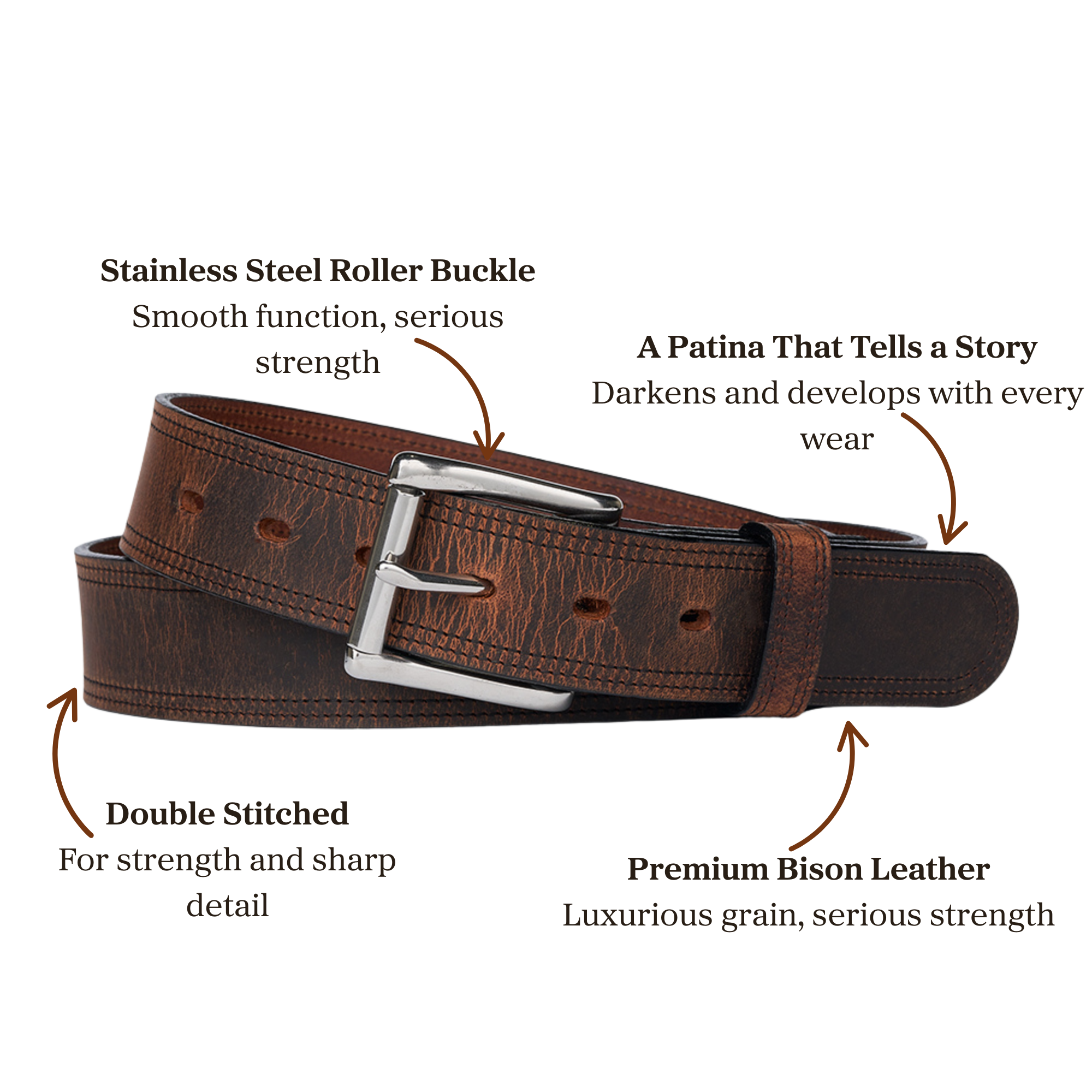 Premium brown bison leather belt with stainless steel roller buckle accompanied with double stitches.
