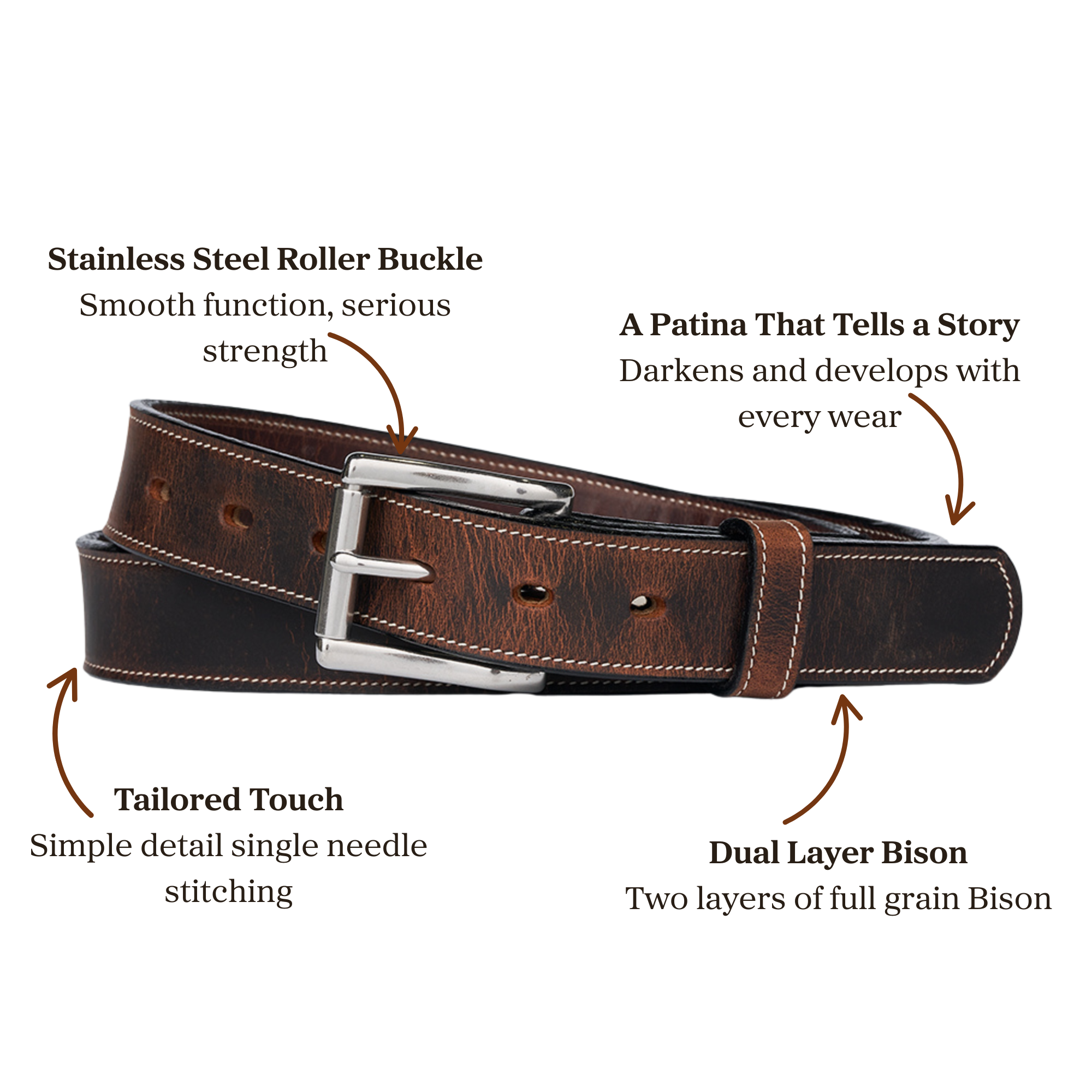 Dual layer brown bison leather belt with stainless steel roller buckle accompanied with single stitching needle