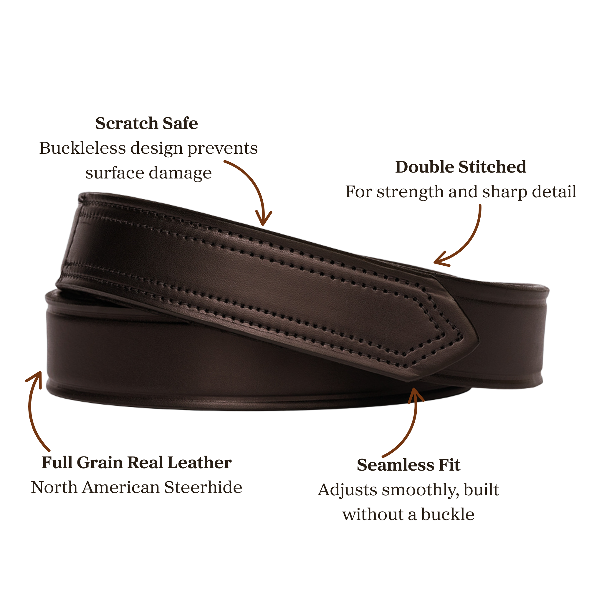 Brown full grain leather belt seamless fit with scratch safe buckeless design accompanied with double stitched 