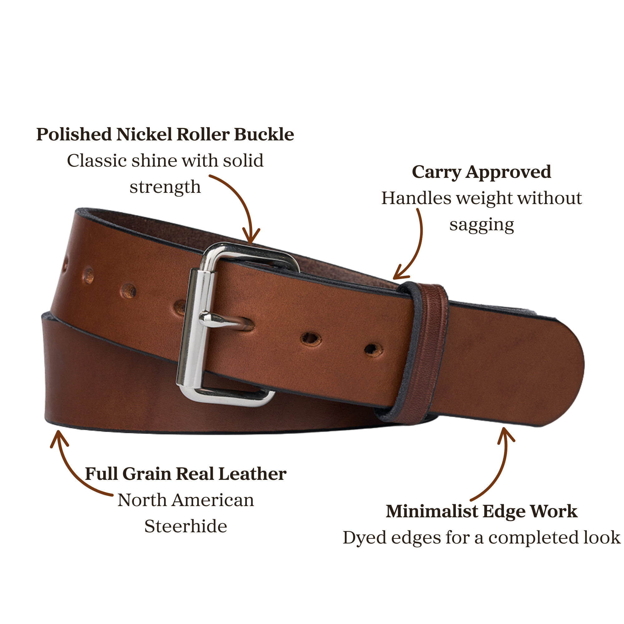 Brown full grain leather belt with polished nickel roller buckle, designed for carry purposes