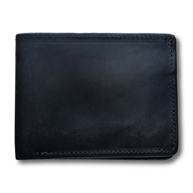 The Huron Premium Bifold with ID Window by Hanks Belts is a closed, black leather wallet with visible edge stitching, shown on a white background.