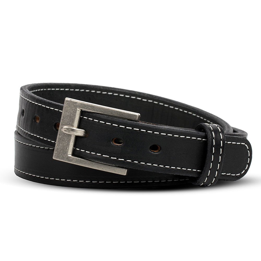 The Bonnie by Hanks Belts in Black with White Stitching, made from full-grain vegetable tanned leather and finished with a silver rectangular buckle, is shown coiled neatly on a white background.