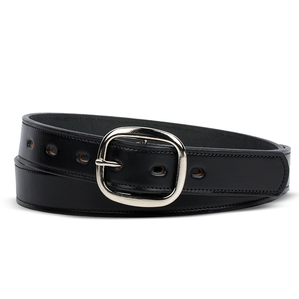 The Eloise by Hanks Belts is a women's premium black vegetable-tanned leather belt with visible stitching, multiple adjustment holes, and a shiny silver center bar buckle, displayed coiled on a white background.