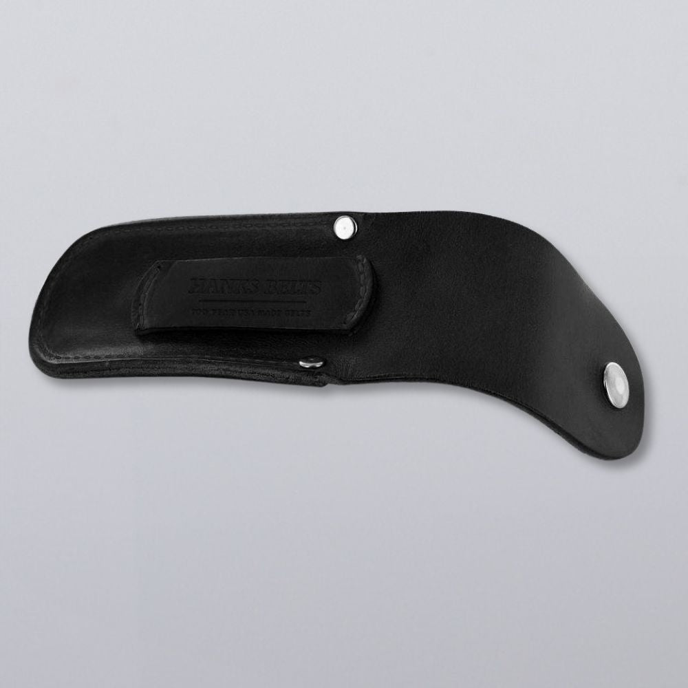 The Canyon Utility Sheath and Mag Case by Hanks Belts is a black, hand-crafted bridle leather sheath with curved edges, metal snap buttons, and “HANKS BELTS” embossed on the loop, shown on a plain light gray background.