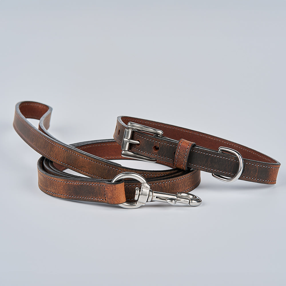 The Ollie Bison Collar by Hanks Belts—a premium bison leather dog collar with a matching brown leash, featuring metal buckle and clasp—displayed on a light gray background.