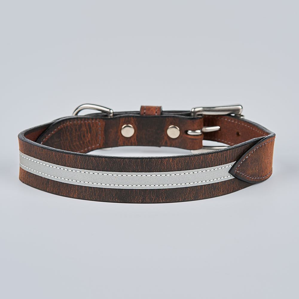 The Remi Reflective Collar by Hanks Belts features bison leather, a silver reflective stripe, metal buckle, D-ring, and rivets for night safety, shown on a plain light gray background.