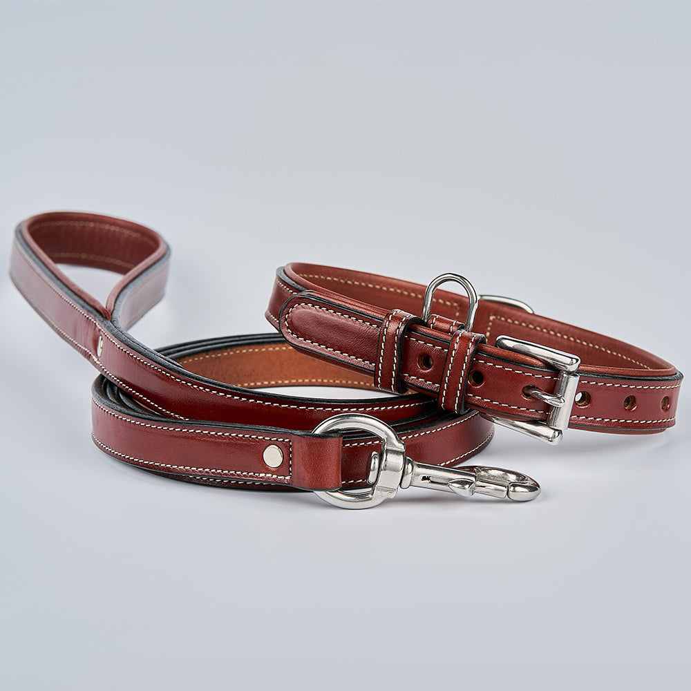 The Hanks Belts Rover Standard Collar and matching leash, made from vegetable tanned leather with white stitching and silver hardware, are shown on a light gray background.