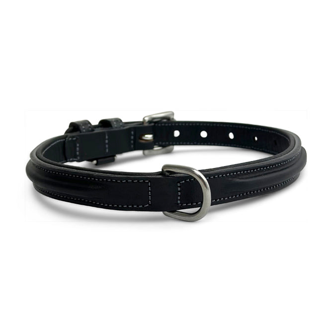 The Bentley Raised Collar by Hanks Belts features black English bridle leather with white stitching, stainless steel hardware, a silver buckle, and metal D-ring, displayed on a white background.