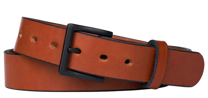 Brown leather belt with a black buckle on a white background