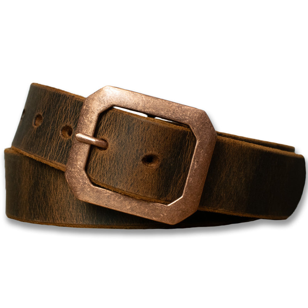 The Relic Retro Style belt by Hanks Belts features a large, antique copper buckle and is coiled in a loop on a white background.