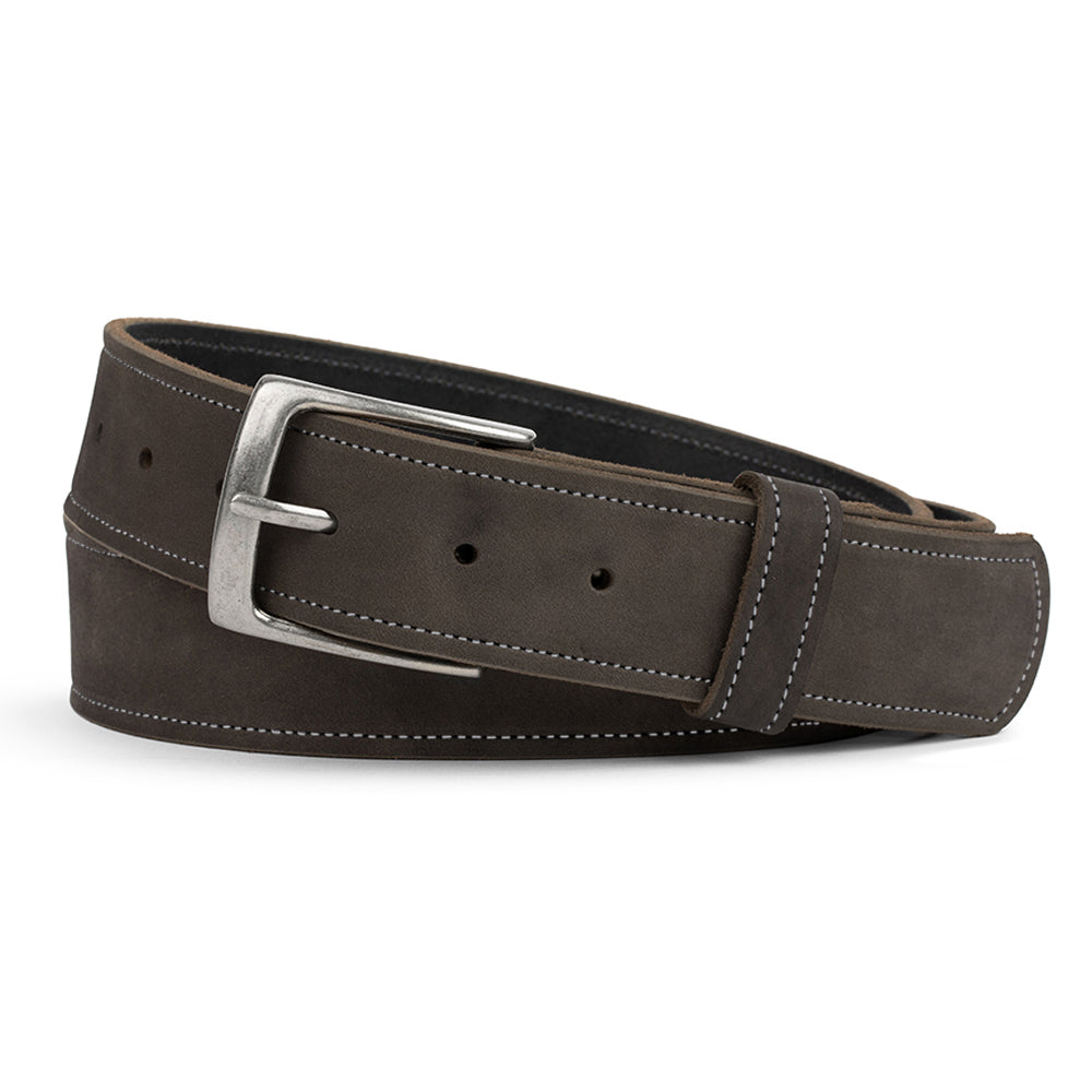 The Suede - 1.5" by Hanks Belts is a dark brown USA-made nubuck leather belt with white stitching and a silver rectangular buckle, shown rolled up with the buckle in front.