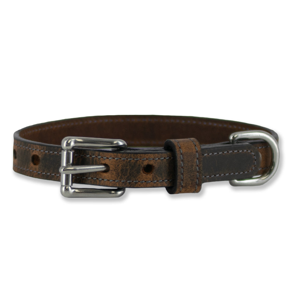 The Hanks Belts Ollie Bison Collar features premium brown bison leather and durable stainless steel hardware, including a silver buckle and D-ring, displayed against a white background.