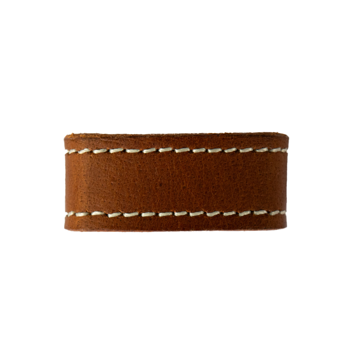 The Hanks Belts 1.25" Stitched #20 Keeper, a brown leather strap with white stitching along the edges, is displayed against a white background.