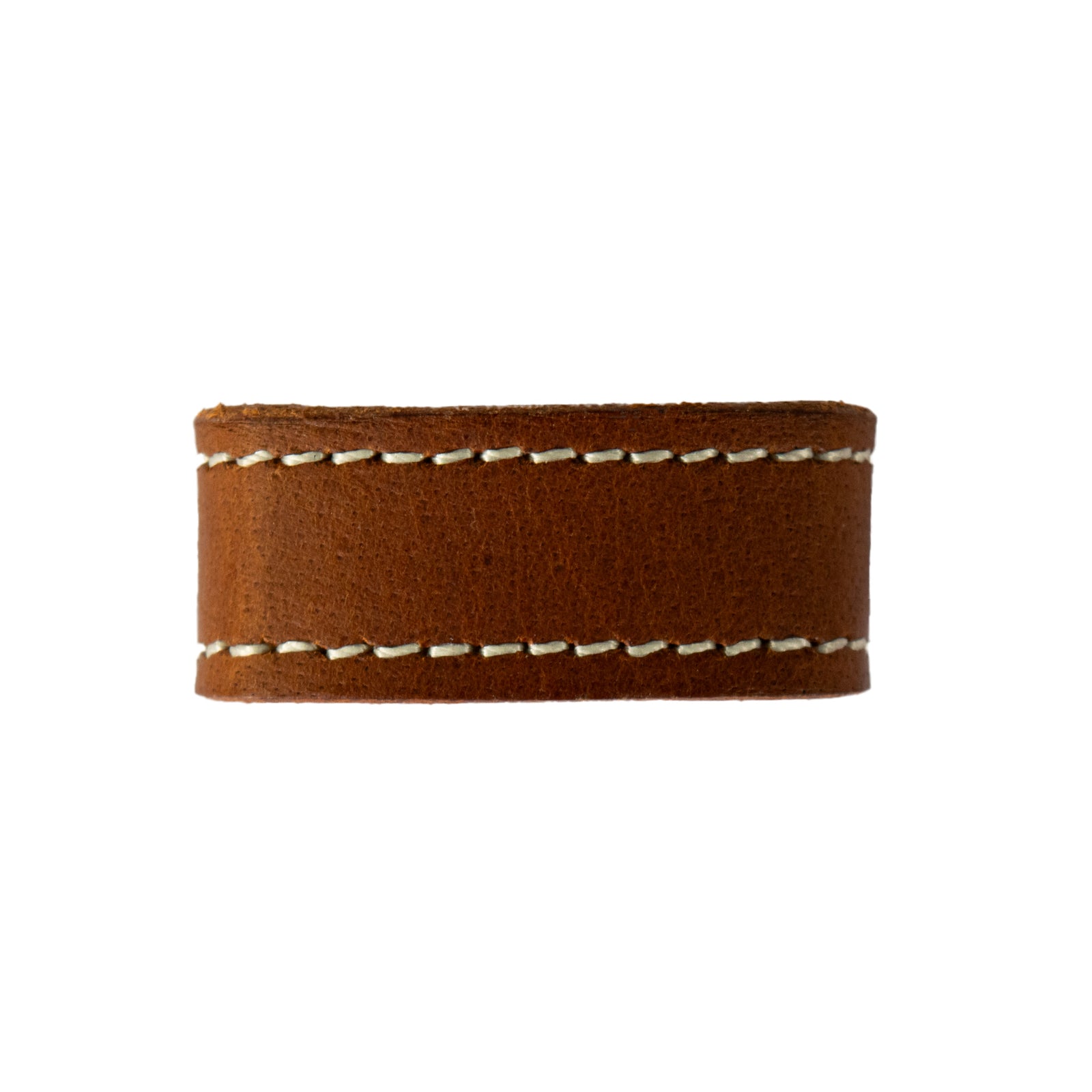The Hanks Belts 1.25" Stitched #20 Keeper, a brown leather strap with white stitching along the edges, is displayed against a white background.