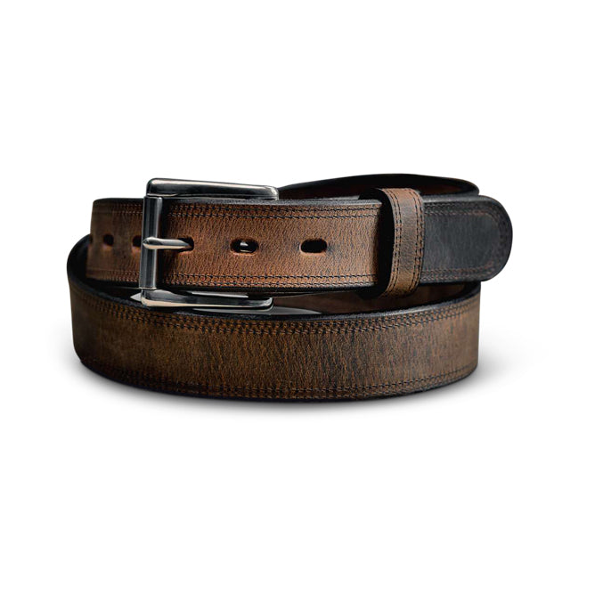 The Montana Bison Double Layer by Hanks Belts is a rugged brown belt crafted from bison leather with a stainless steel buckle and edge stitching.