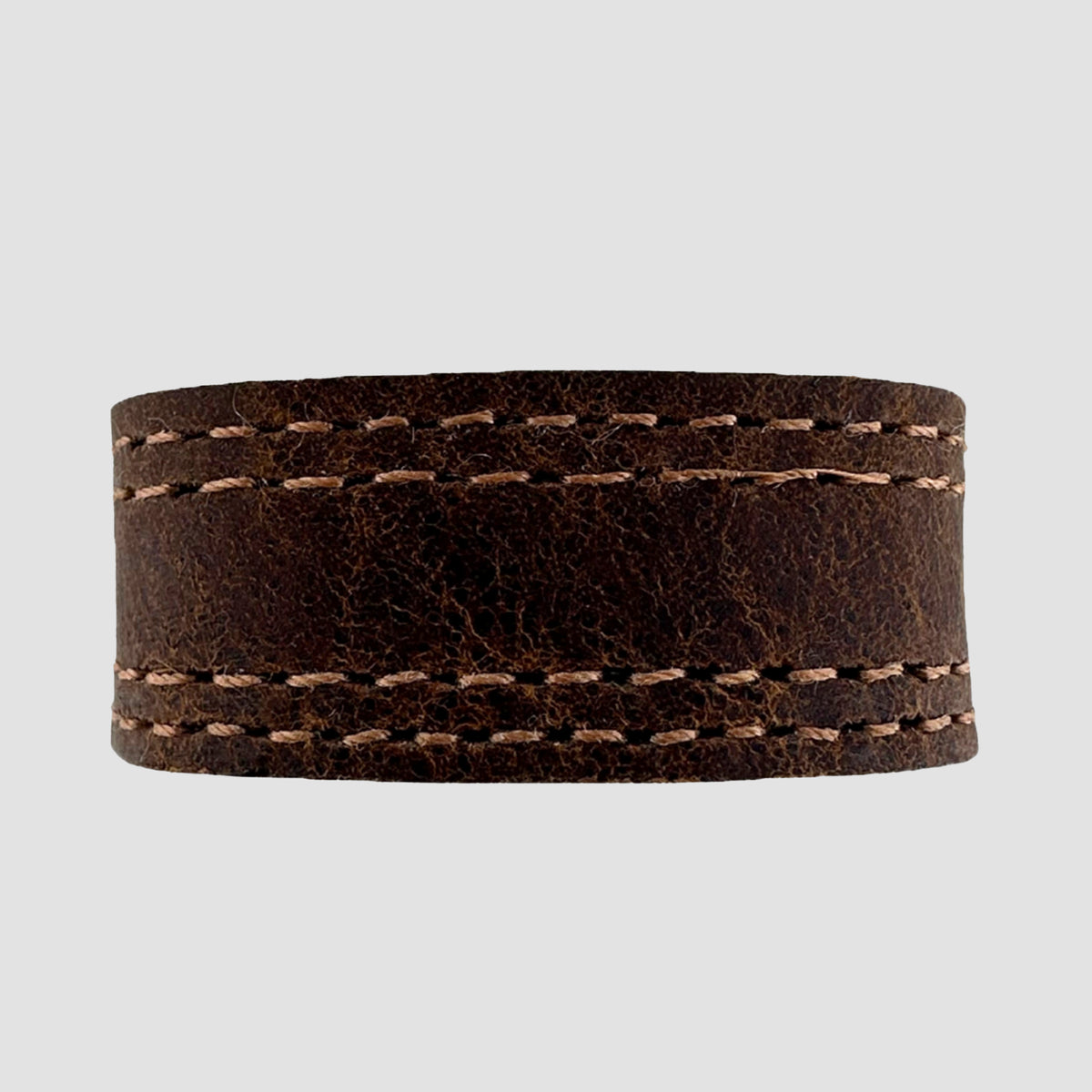 The Hanks Belts 1.5" Double Stitched #6 Keeper is a wide brown leather ring with visible grain and dual beige stitching on the edges, shown against a plain light gray background.