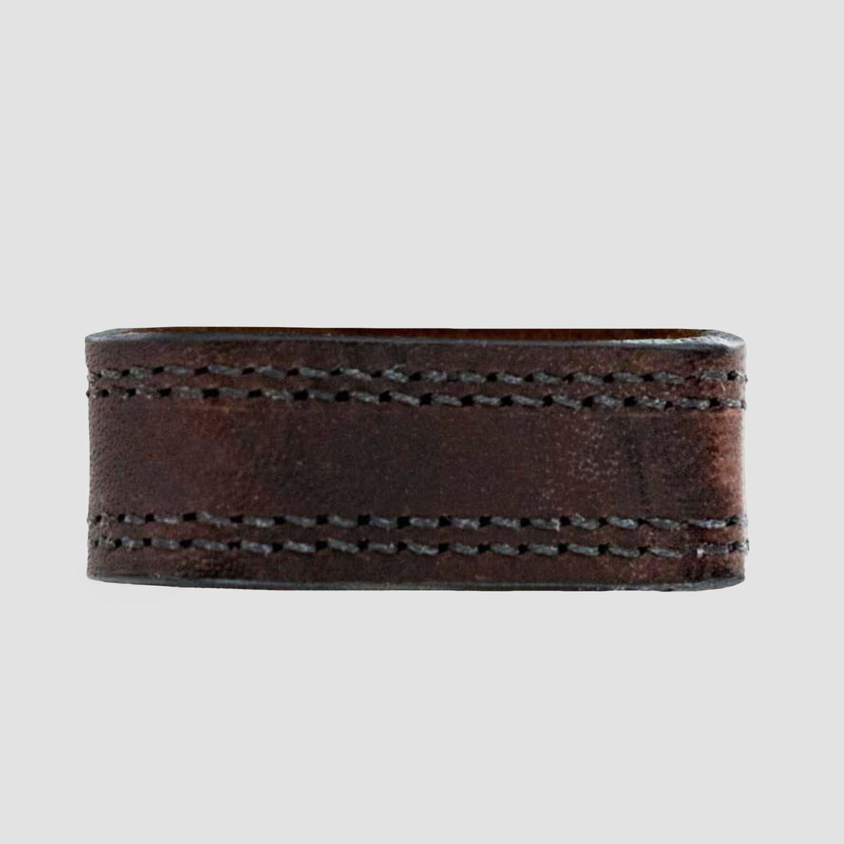 The 1.5" Double Stitched #4 Keeper by Hanks Belts is a wide, dark brown USA-made harness leather ring with two rows of decorative stitching near the edges, shown on a plain light gray background.