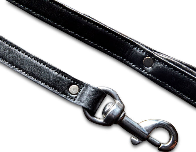 A close-up of the Hanks Belts Rover Standard Leash, made from black English Bridle leather with sturdy metal rivets, a silver clasp, and a padded handle, displayed against a white background.