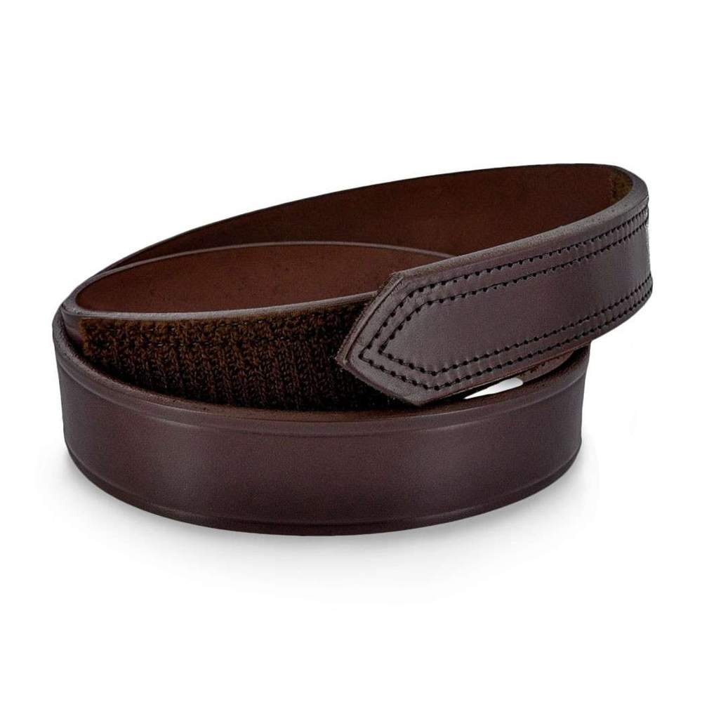 The Scratchless Mechanics by Hanks Belts is a brown, full grain leather belt with visible stitching and a Velcro section, coiled on a white background.