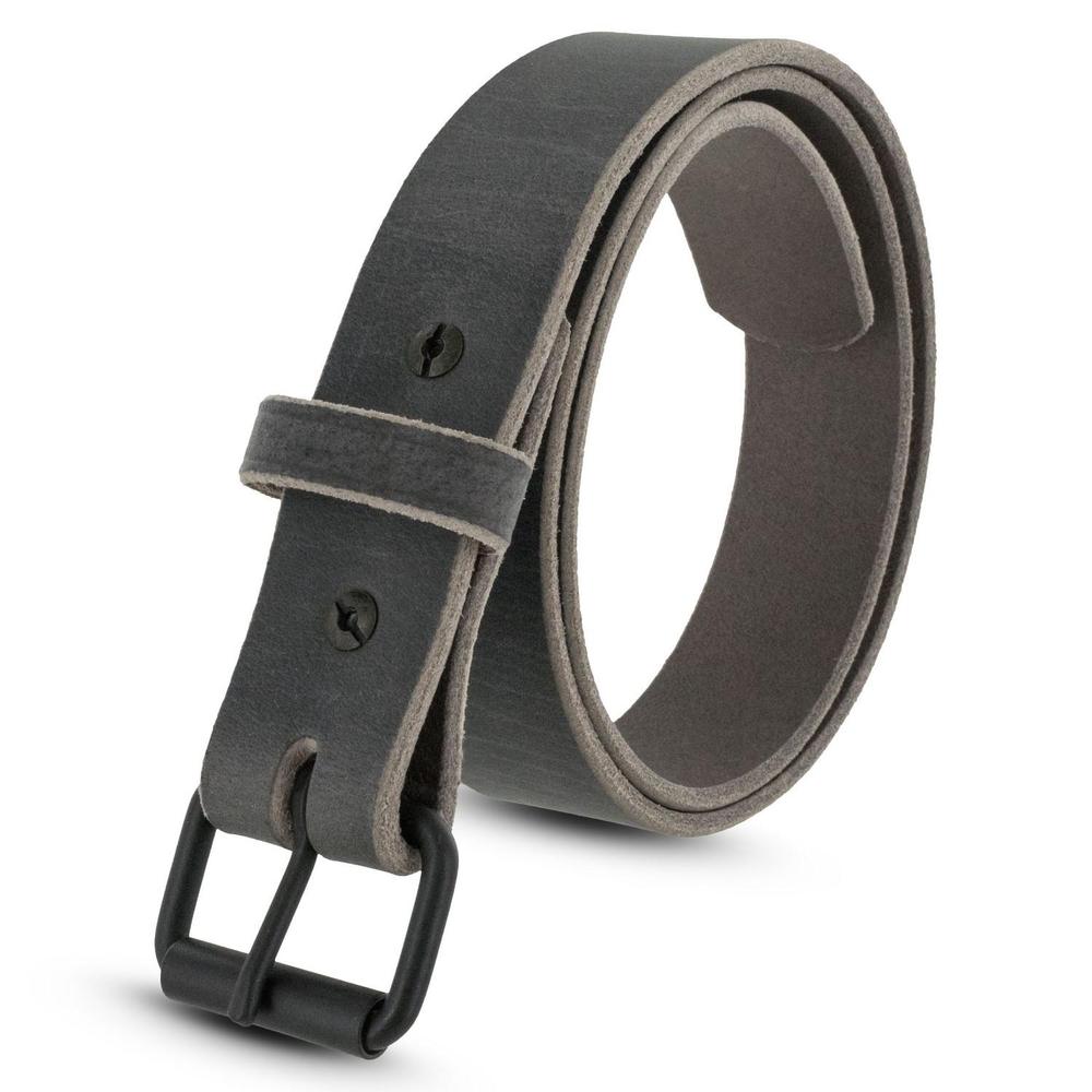 A rolled-up Glacier Grey Retro Style belt by Hanks Belts, featuring USA Made quality, matte black metal buckle, and matching leather loop, shown on a white background.