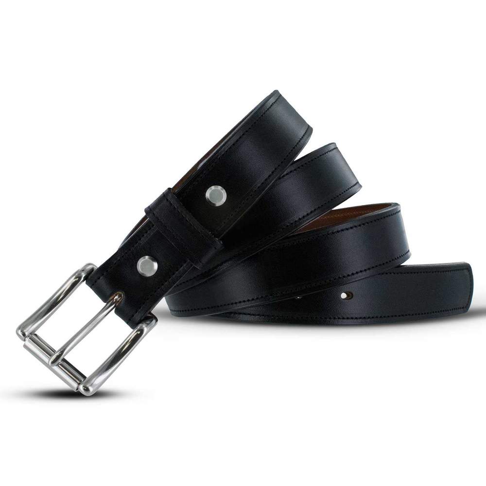 The Highland Lined by Hanks Belts is crafted from black English bridle leather with a silver metal buckle, two metal rivets near the buckle, and stitched edges, shown neatly coiled on a white background.