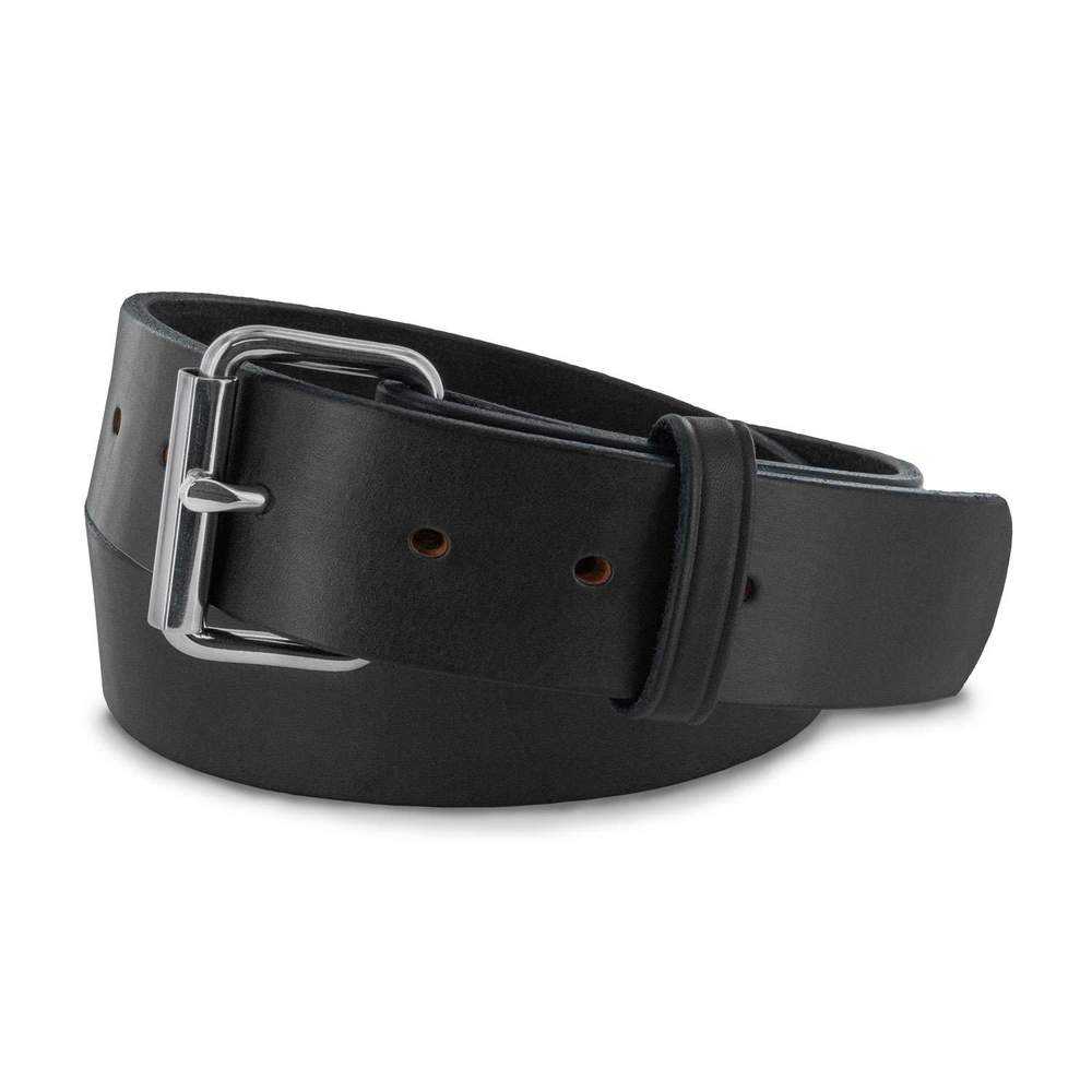 The Enforcer by Hanks Belts is a black full-grain leather belt with a silver rectangular buckle, shown coiled in a loop.
