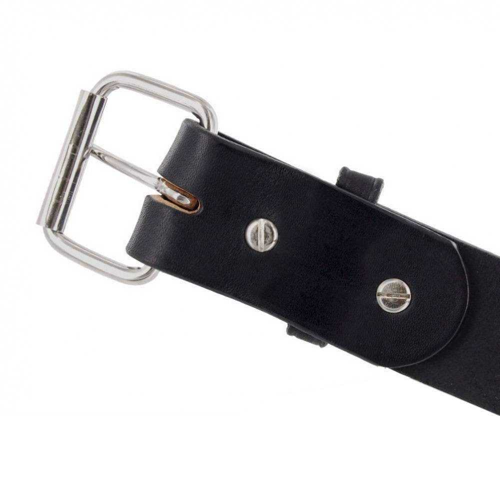 Close-up of The Enforcer full-grain leather belt by Hanks Belts, featuring a silver metal buckle and screws securing the strap, set against a white background.