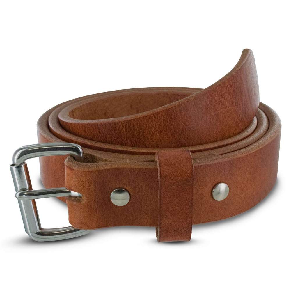 The Old World Harness by Hanks Belts is a rolled-up brown full-grain leather belt with a silver metal buckle and rivets, shown on a white background.