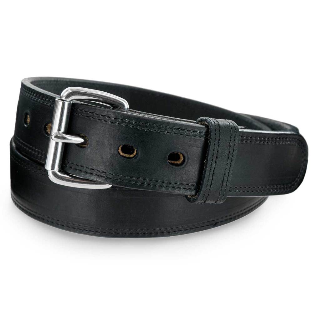 The Hanks Belts Old World Harness Leather Belt - 1.5" in black features premium USA-tanned Hermann Oak leather, a silver buckle, and multiple holes for adjustability, coiled neatly for display.
