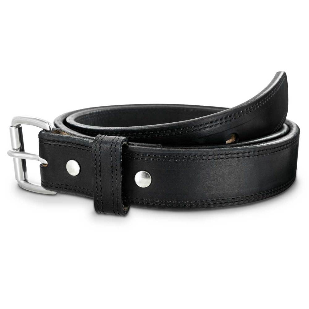 The Old World Harness by Hanks Belts: a coiled black full-grain Hermann Oak leather belt with a silver buckle and two silver rivets, shown on a white background.