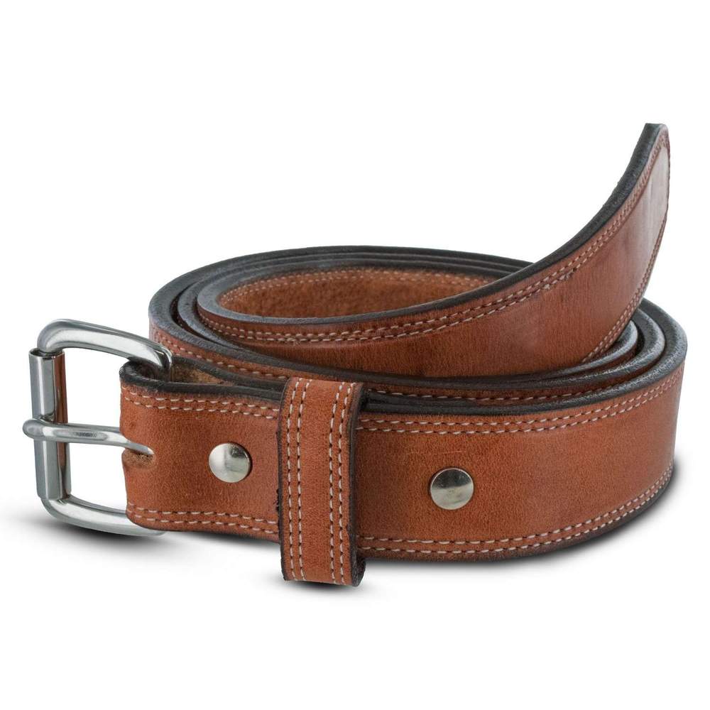 The Old World Harness by Hanks Belts is a rolled-up brown full-grain leather belt with white stitching, silver buckle, and two metal rivets, displayed on a white background.