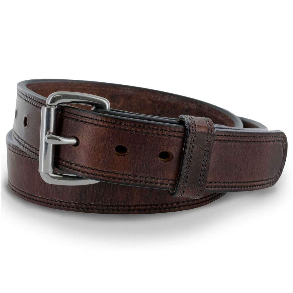 The Old World Harness by Hanks Belts is a rich brown full-grain leather belt with visible stitching and a silver buckle, coiled in a loop on a white background.