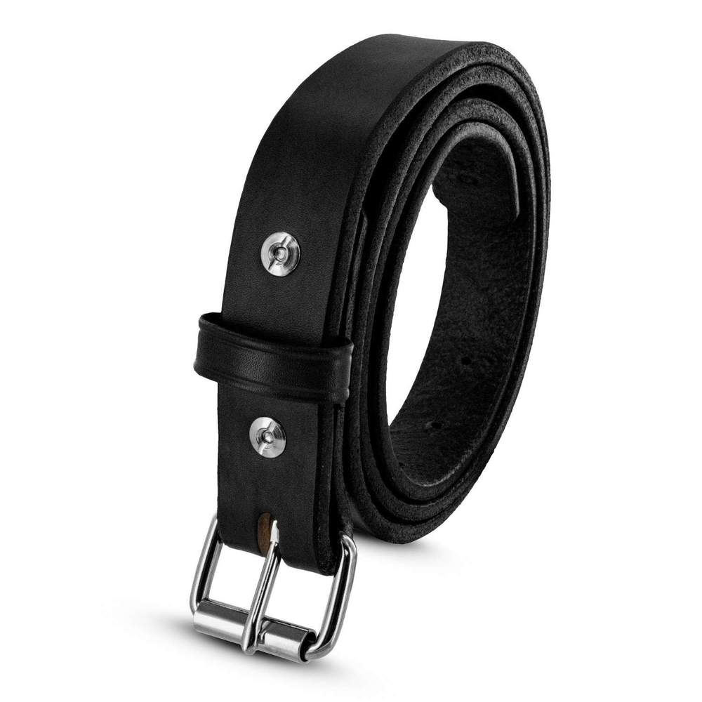 The Deputy by Hanks Belts: a rolled-up black leather concealed carry belt with a silver metal buckle and two rivets, displayed on a white background.