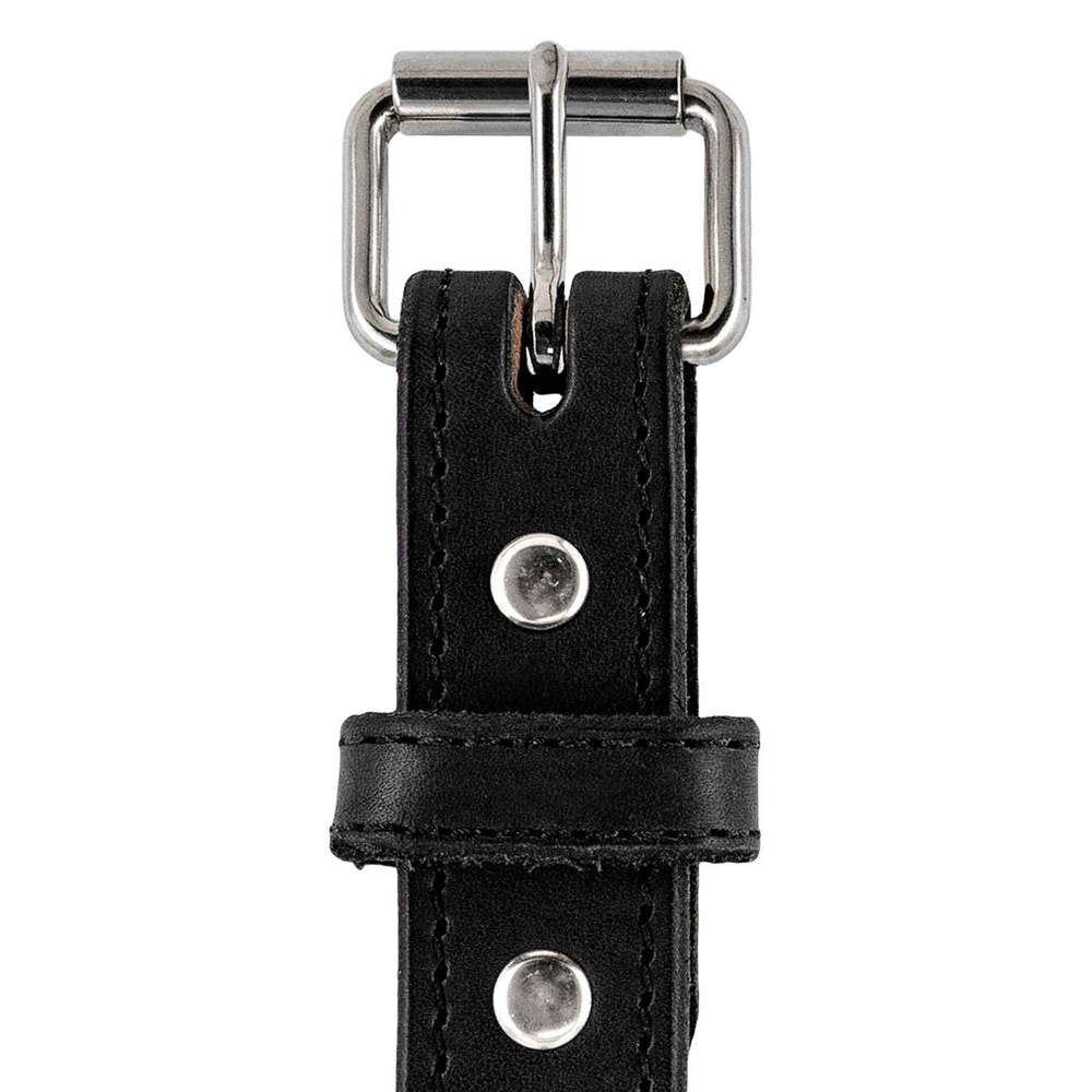 Close-up of The Xtreme Belt - 1.25" by Hanks Belts, featuring durable leather, a silver roller buckle with two rivets, sturdy belt loop, and detailed stitching.