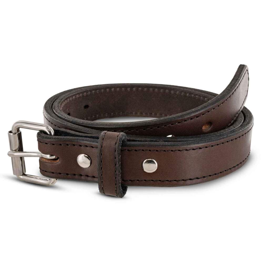 The Xtreme Belt - 1.25" by Hanks Belts is a coiled brown, durable leather gun belt with a silver heavy-duty roller buckle and metal rivets, displayed on a white background.
