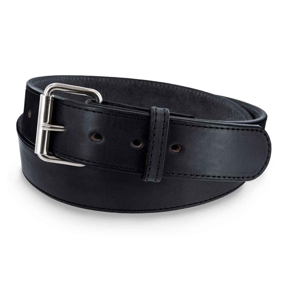 The Xtreme Belt - 1.75" by Hanks Belts is a black heavy-duty leather belt with a silver buckle and multiple adjustment holes, coiled in a circular shape.