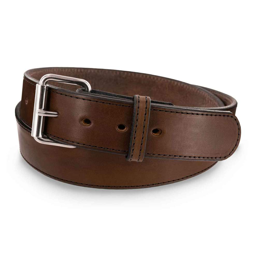 The Xtreme Belt - 1.75" by Hanks Belts is a heavy-duty brown leather work belt with black stitching and a silver rectangular buckle, coiled on a white background.